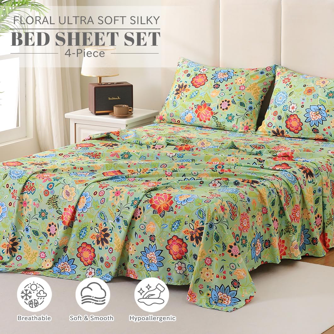 Bedlifes King Sheet Set Ultra Soft, Breathable, Silky Flower Deep Pocket 100% Microfiber Bedding, 4 Piece King Size with Floral Sage Green
