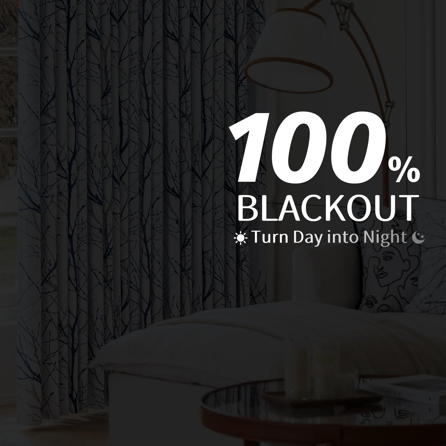 FMFUNCTEX 100% Blackout Curtains for Bedroom, Blue White Tree Curtains 84 Inches Long for Living Room, Grey Farmhouse Room Darkening Window Curtains for Summer Winter 2 Panels Grommet Top