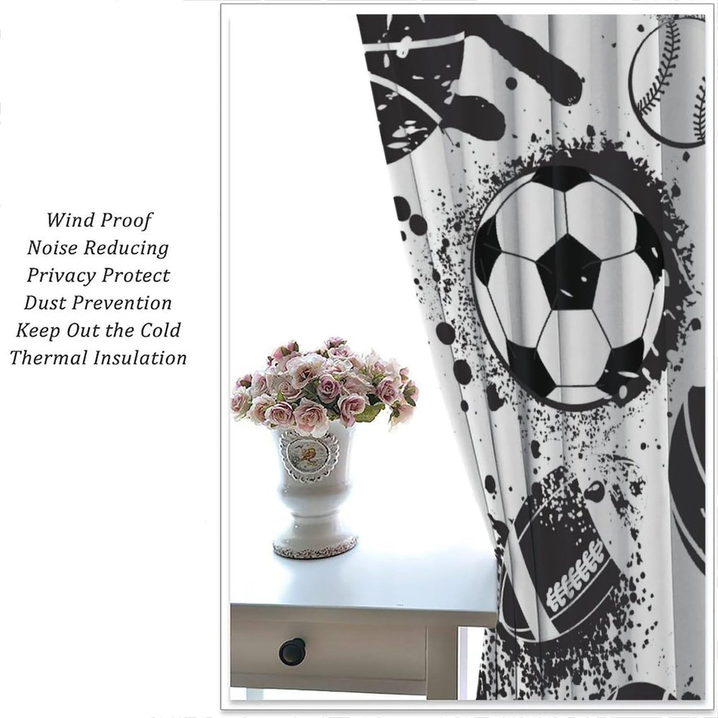 Sports Themed Curtains for Boys Abstract Basketball Football Black White Grunge Window Treatments for Teens Girls Bedroom Living Room Décor Drapes 2 Panel Sets Total Size 42" x 45"