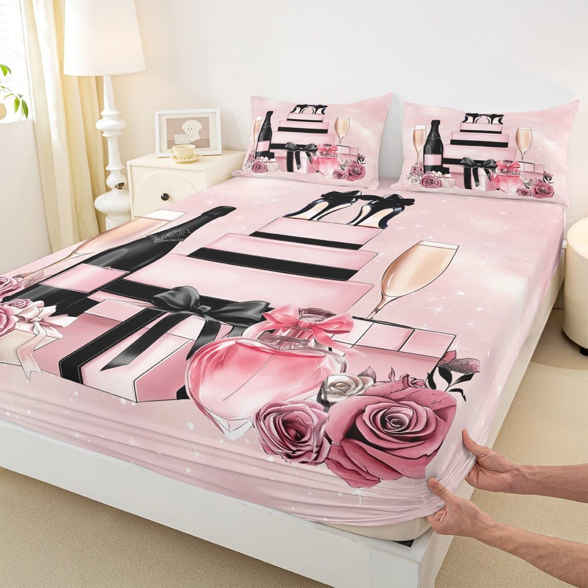 Erosebridal Pink Fashion Girly Bed Sheets King Retro Rose Floral Sheet Set for Girls Women Kids Teens High Heel Perfume Sheets Modern Coquette Bow Trendy Elegant Aesthetic Bedding Set,Pink and Black