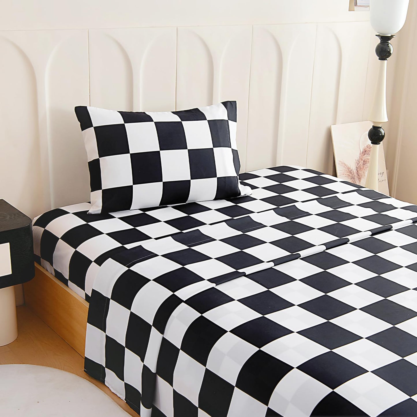 Homilay Full Sheet Set Kids - Black&White Plaid 4 Pieces Soft Microfiber Cartoon Style Bedsheets for Boys Girls Teens, Oeko TEX Breathable 15 Inch Deep Pocket Sheets(Chequered Flag)