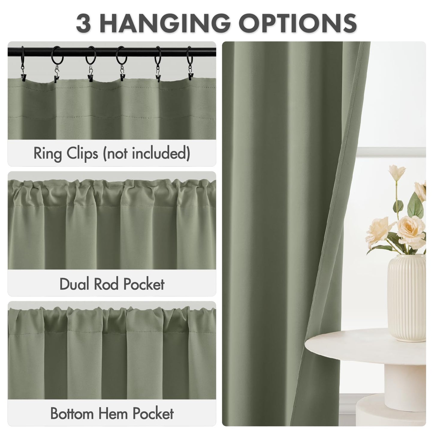 MIULEE Blackout Curtains 4 Panels Sets Sage Green 63 Inch Length, Top and Bottom Rod Pocket Room Darkening Curtains for Bedroom Windows, 4 Pack Solid Thermal Insulated Light Blocking Curtain Drapes