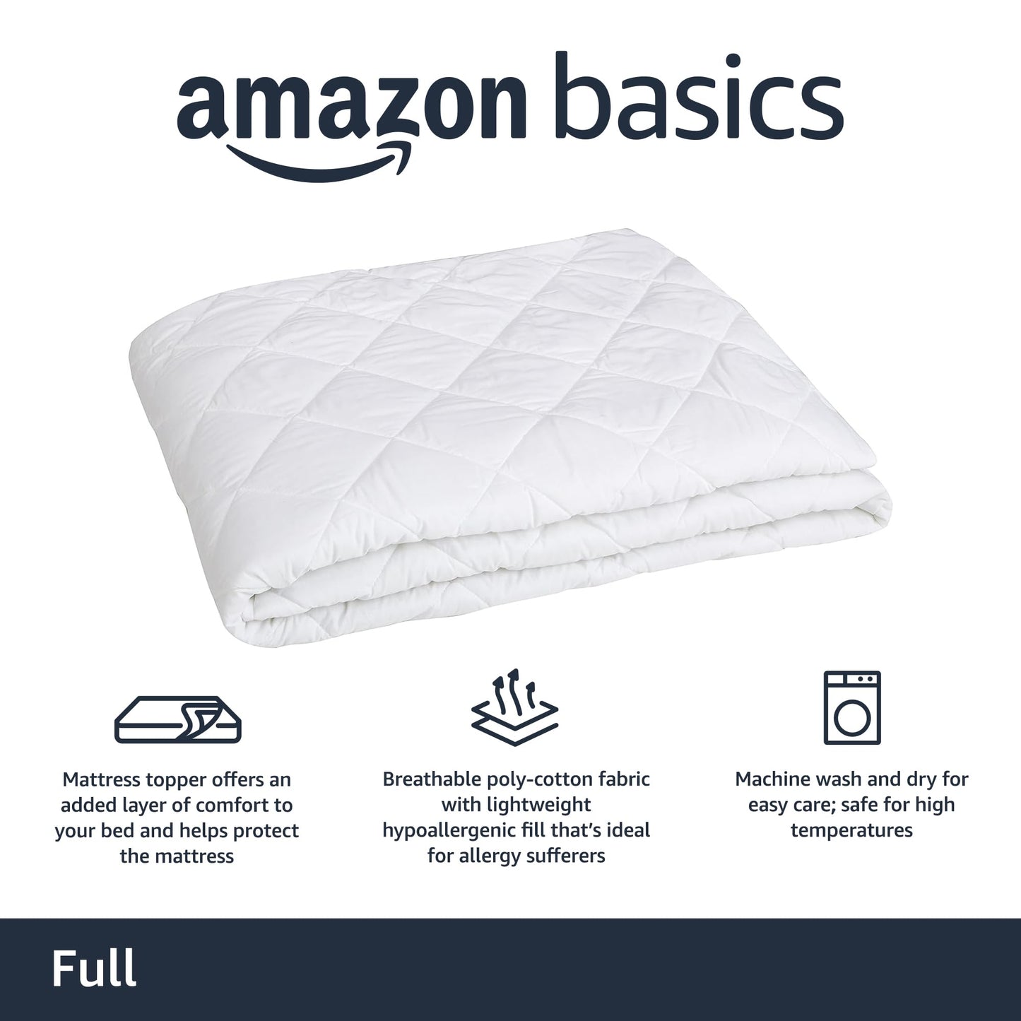 Amazon Basics Hypoallergenic Breathable Quilted Mattress Topper Pad, 18 Inches Deep, Fitted, Machine Washable, Full Size, White