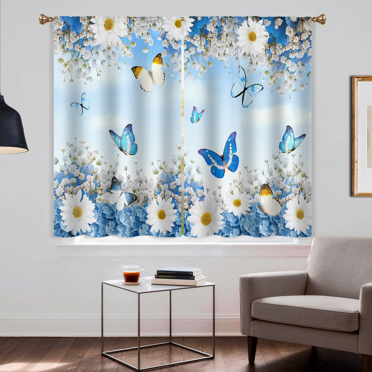 Cizuug Floral Butterfly Curtain for Kitchen & Bathroom Curtains - Daisy Floral Pattern Spring Cafe & Bedroom Short French Door Curtains 2 Panels (27.5x39 Inch)