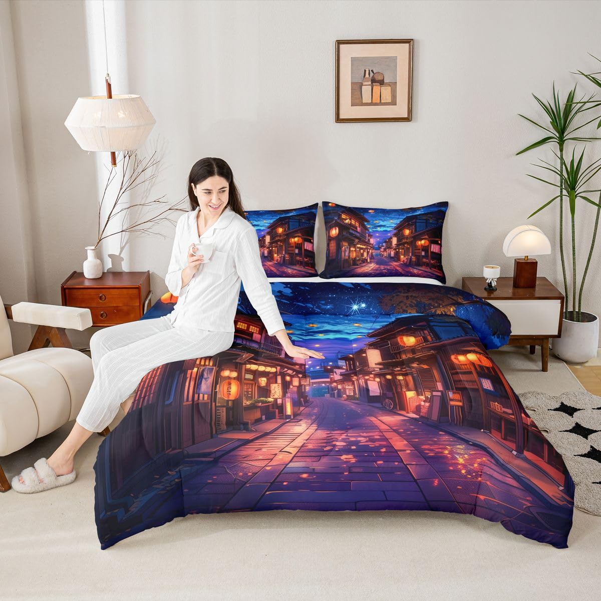 jejeloiu Japanese Kids Comforter Set Toddler Size Anime Street Bedding Set Tokyo Duvet Quilt for Kids Boys Girls Bedroom Decor Microfiber Ultra Soft Breathable