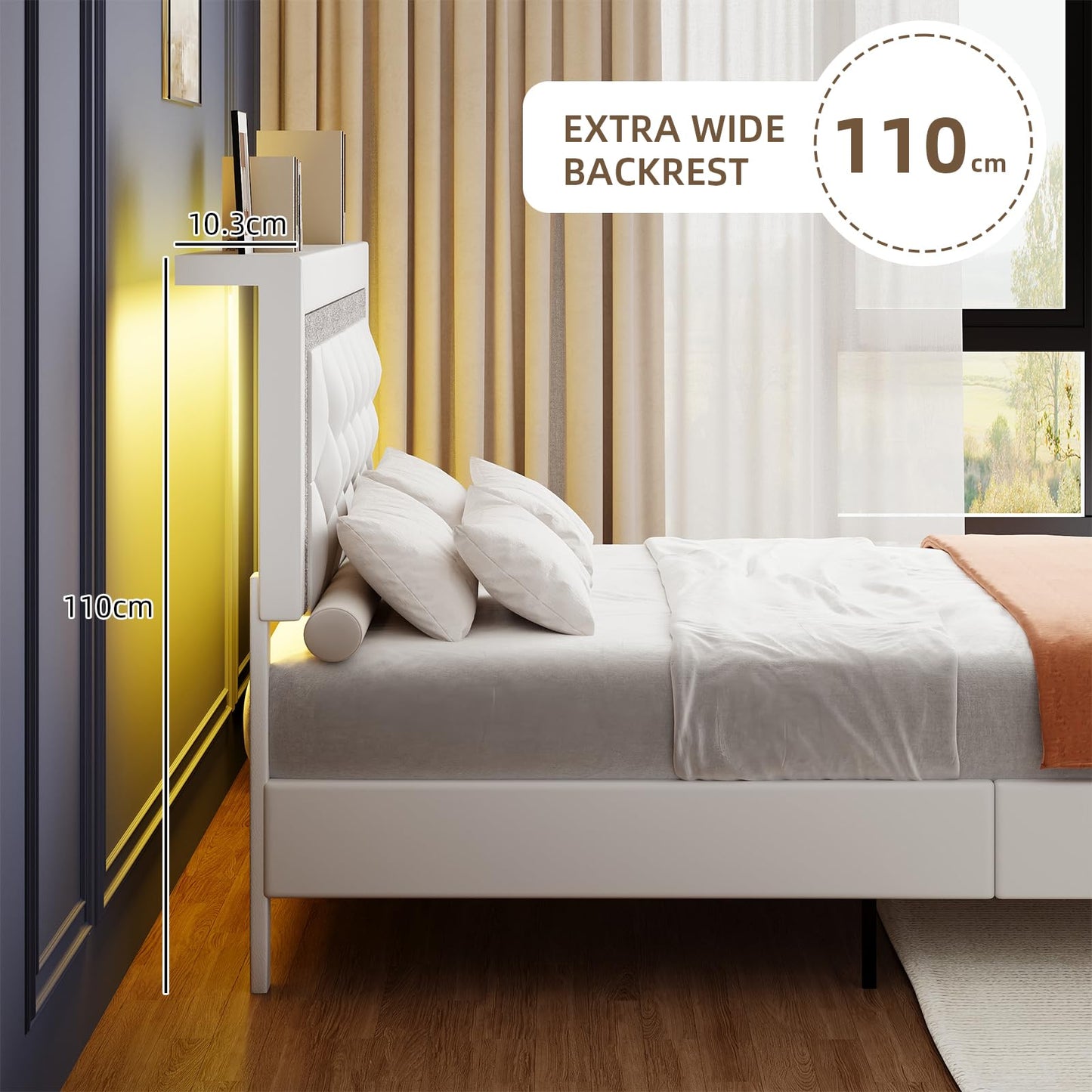 BarnFurin Queen Bed Frame with Storage Headboard, Bed Frame Queen Size with Diamond Tufted Headboard and LED Lights, Wooden Slats Support, Noise Free, No Box Spring Needed, Easy Assembly, White