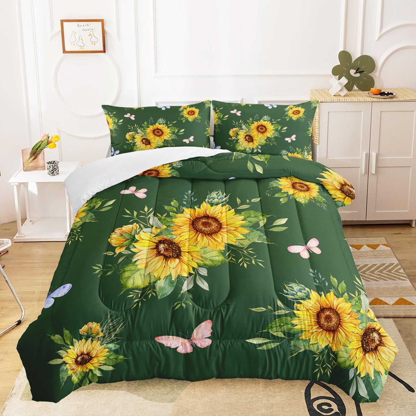 Nttopship 3 Piece Green Sunflower Comforter Sets Full Size, Farmhouse Floral Bedding Set for Girls Boys Adults,3 Piece Bed in A Bag, Ultra Soft Microfiber All Season Yellow Flower Bedding Set