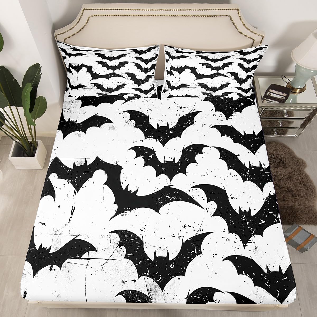 jejeloiu Halloween Decor Bed Sheets Set Twin Size Black Bats Bed Set for Kids Boys Girls Spooky Halloween Pattern Deep Pocket Fitted Sheet Animal Print Breathable Soft Lightweight Microfiber