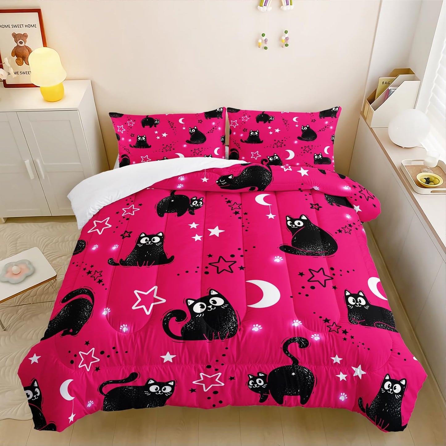 Nttopship Pink Cartoon Cat Comforter Twin Size,Black Cats Moon Night Starry Sky Quilt Set for Girls Boys Teens Animals Print Room Decor Soft Microfiber Comforter and 2 Pillowcases