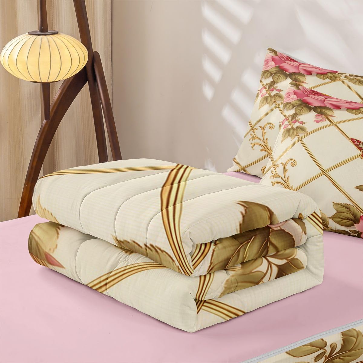 Erosebridal Victorian Rose Zip Up Comforter Set Butterflies Twin Zipper Bedding Gold Trim Print Bed Set with Sheets Romantic Floral Bed in a Bag Bedroom Decor