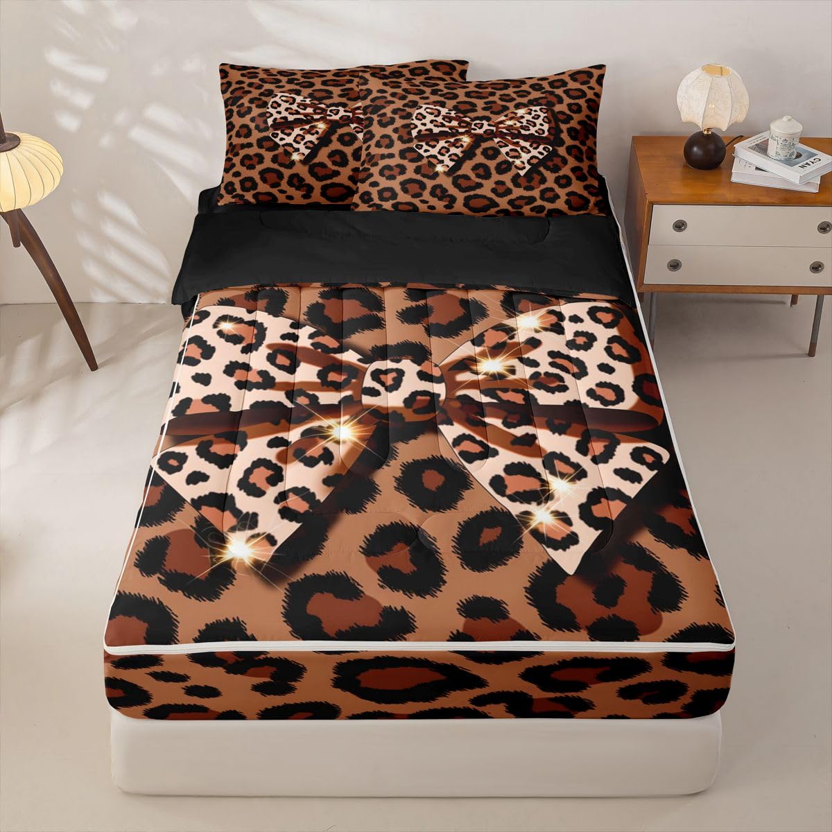 jejeloiu Girls Bow Zipper Bedding Leopard Print Comforter Set for Kids Boys Girls Twin Size White Brown Bowknot Zippered Kids Bedding Set Ultra Soft Cheetah Bed in a Bag Animal Print