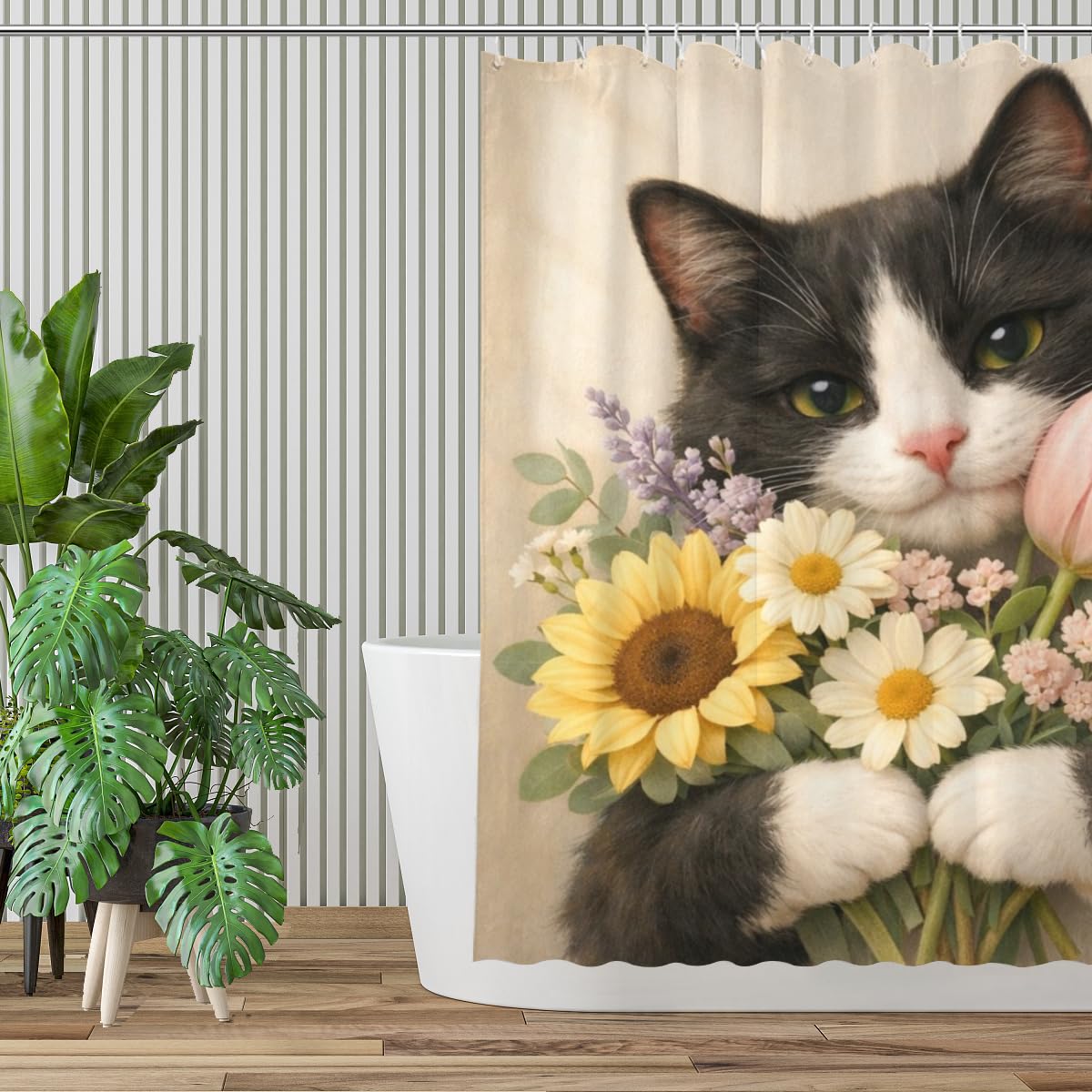 REZHOCH Funny Tuxedo Cat Shower Curtain 72x72 Inch Cute Animal Holding Flowers Home Bathroom Decor Floral Modern Art Minimalist Style Kids Waterproof Fabric Bath Set with Hooks