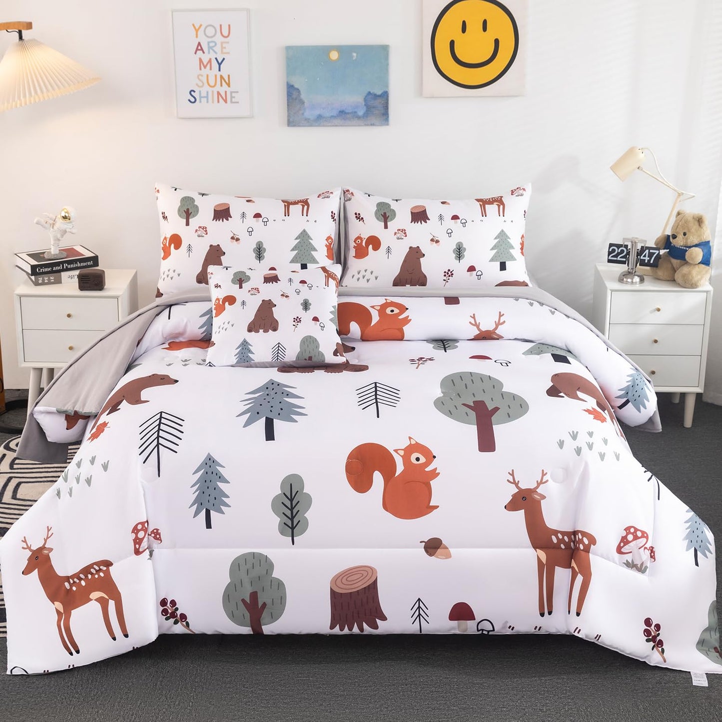 BYHOFMLY Twin Bedding Sets for Boys Girls 6 Pcs White Woodland Animals Kids Comforter Set with Sheets Forest Theme Teen Boy Bed in A Bag for All Season(Forest, Twin)