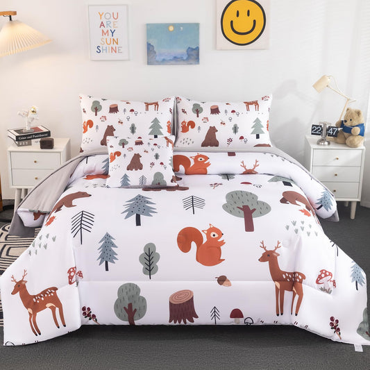 BYHOFMLY Twin Bedding Sets for Boys Girls 6 Pcs White Woodland Animals Kids Comforter Set with Sheets Forest Theme Teen Boy Bed in A Bag for All Season(Forest, Twin)