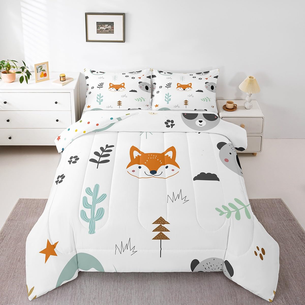 Feelyou Cute Fox Comforter Set King Size Cartoon Animal Bedding Set for Boys Girls Teens Bedroom Decor Zoo Animal Comforter Women Men Wildlife Duvet Set with 2 Pillow Case