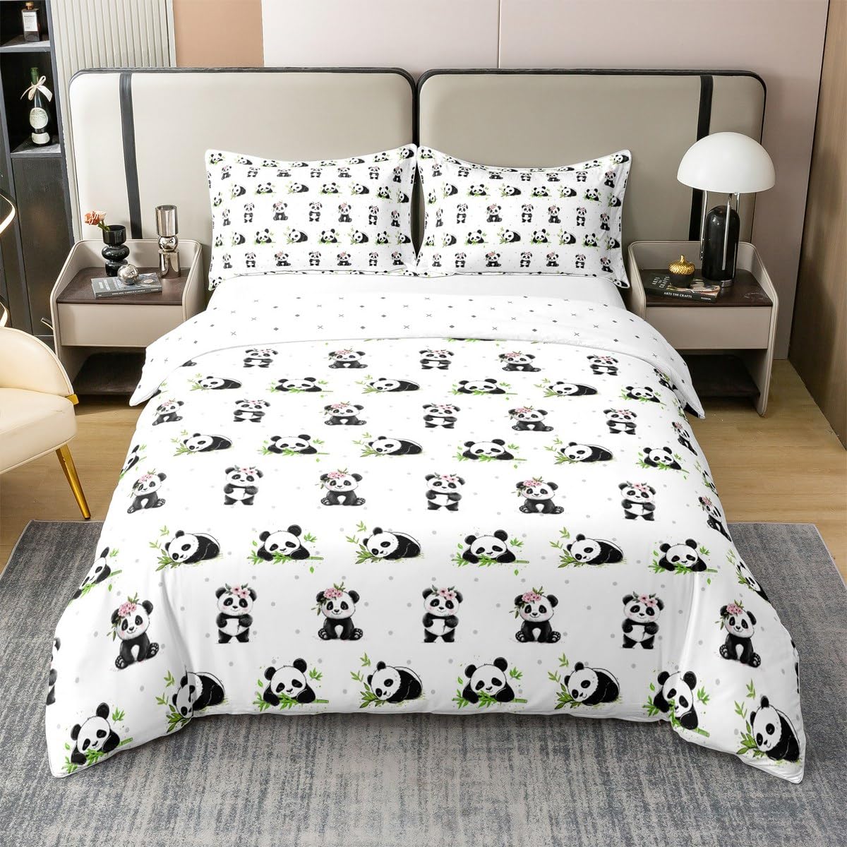 Manfei Cute Panda 100% Cotton Duvet Cover Set Twin Size, Pink Flower Green Bamboo Bedding Set 2pcs, Cartoon Animals Quilt Cover, Kids Girls Teens Room Decor, 1 Pillowcase,No Comforter