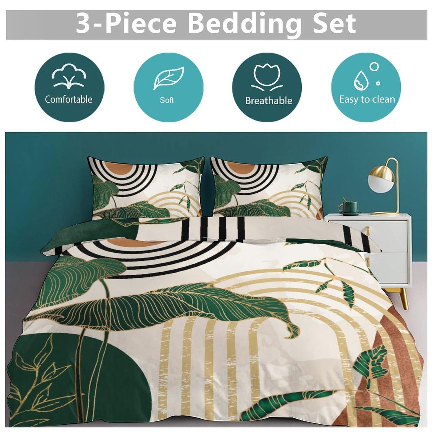 Lnepty Boho Leaf Bedding Set,Mid Century Green Tropical Plant Palm Leaves Abstract Minimalist Geometic Arch Modern Comforter Set with Pillowcase for Bedroom Bed Decor，Twin 86"x70"