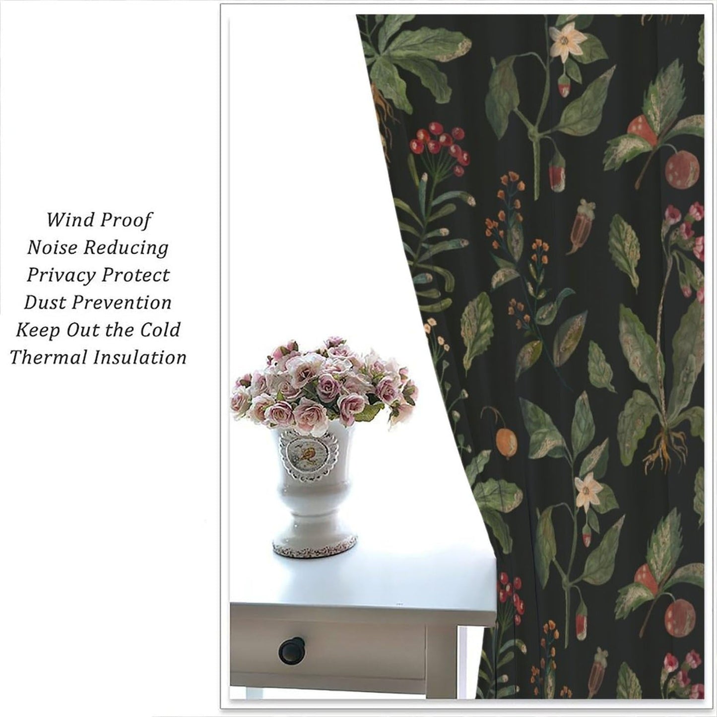 PHTAYOT Black Botanical Curtains, Botanical Green Leaves Boho Plant Flower Floral Spring for Room Window Decor, Rod Pocket Print Drapes for Living Room Bedroom Kitchen 2 Panel Set 20.5" W X 45" L