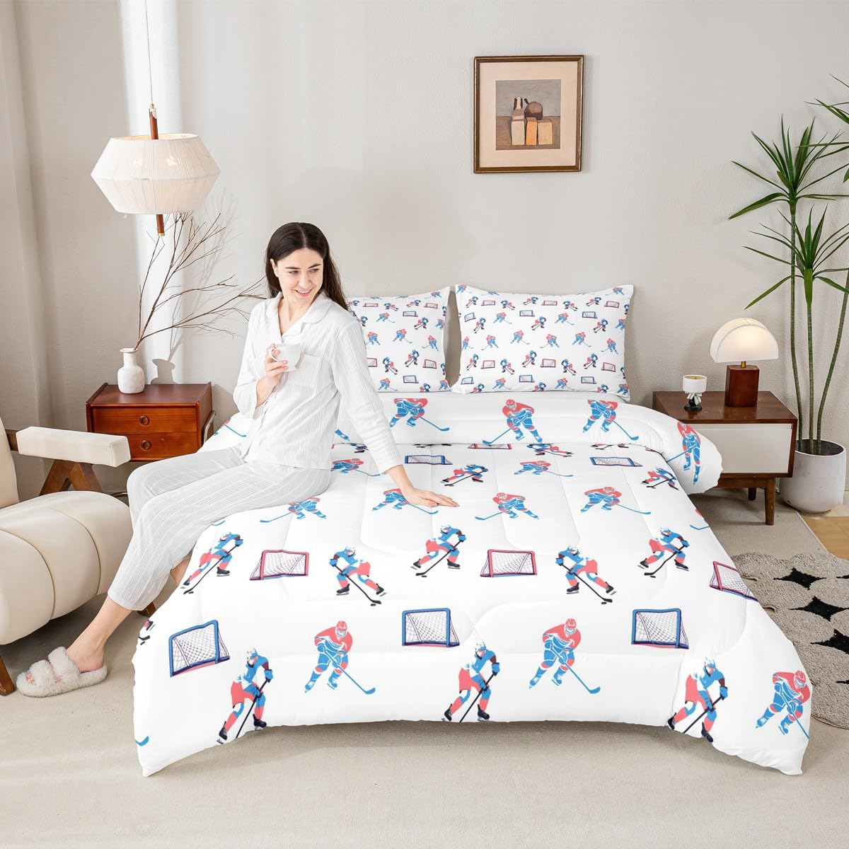 Manfei Hockey Players Kids Comforter Set Queen Size, Bedding Set,Girls Boys Room Decor,Winter Sports Games Quilt Comforter,White Blue Duvet Set Bedroom Quilt Set,2 Pillowcases