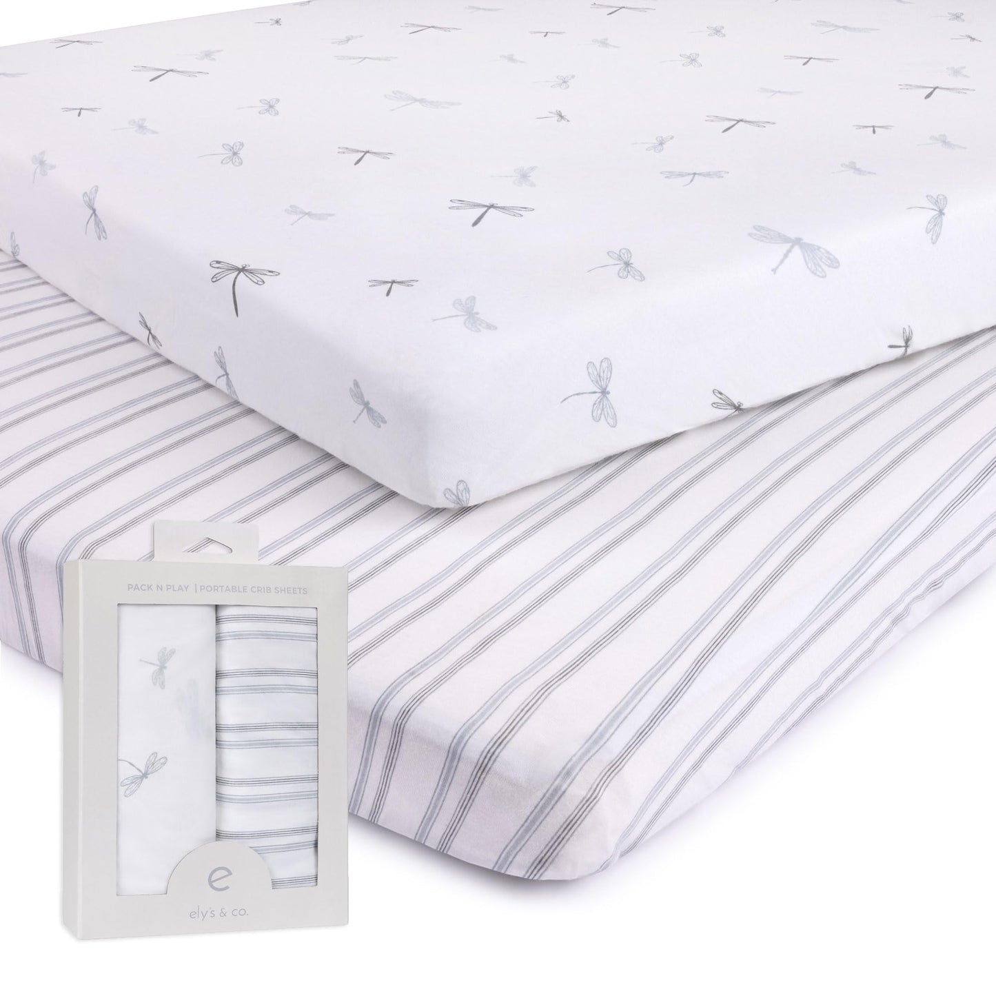 Ely's & Co. Pack and Play Sheets, for Mini/Portable Crib, 2 Pack Fitted Playpen Play Yard Sheet Set Compatible with Graco Pack n Play, for Baby Boys, 100% Cotton, 38”x24”x5” Blue Dragonfly + Stripes