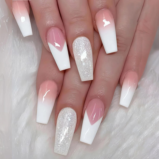 MERVF Coffin Press on Nails Long, White Ombre French Tip Fake Nails Chevron Glitter Solid Color Design Glue ons Acrylic Nail Glossy 24pcs