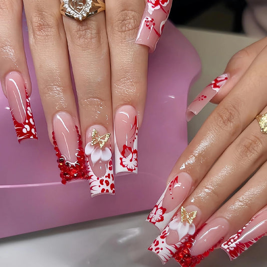 MISUD Press on Nails - Long Square Fake Nails with Red White French Tip, Acrylic Flower Butterfly Rhinestone Design 24 pcs