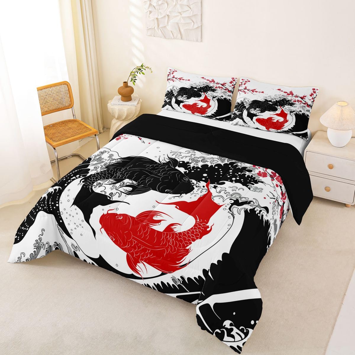 Erosebridal Koi Fish Bedding Full,Cherry Blossoms Comforter Set Japanese Waves Bed Sets Yin Yang Duvet Insert 3 Pieces (Black White)
