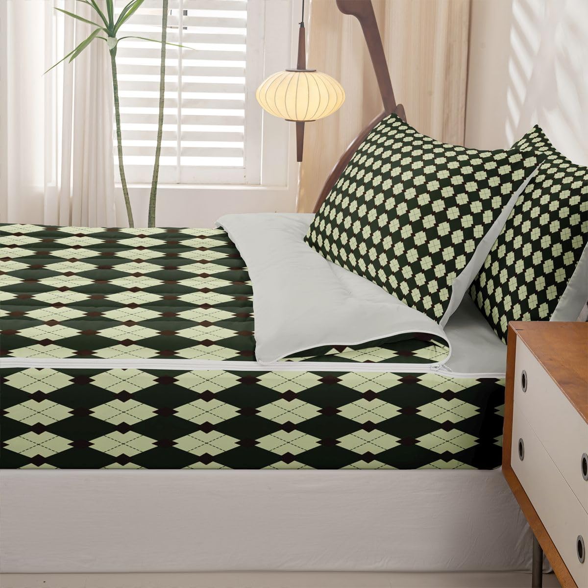Feelyou Plaid Zipper Bedding Full Maze Lattice Zipper Bedding Sets for Kids Boys Girls Checkered Printed Comforter Set with Fitted Sheet and Pillowcases Ethnic Monochrome Texture Bedroom Decor
