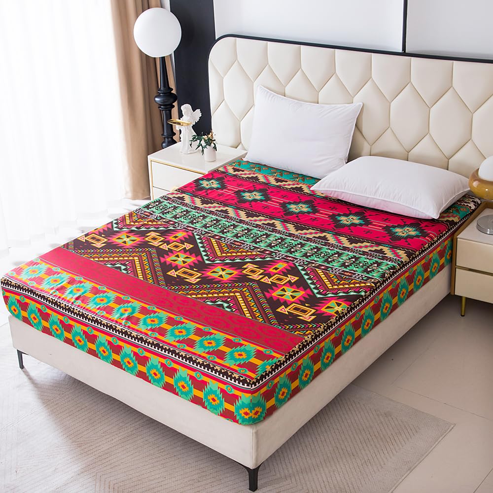 NATURETY Bohemian Style Bedding Fitted Sheet with Deep Pocket,Red Colorful Boho Pattern Printed Fabric Bed Sheets (Multicolor, Queen)