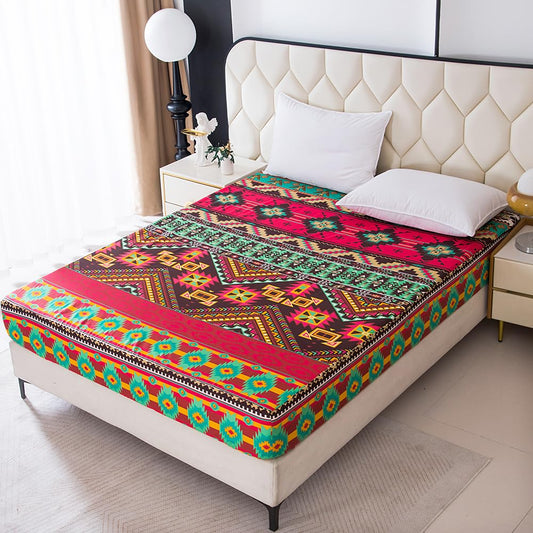 NATURETY Bohemian Style Bedding Fitted Sheet with Deep Pocket,Red Colorful Boho Pattern Printed Fabric Bed Sheets (Multicolor, Queen)