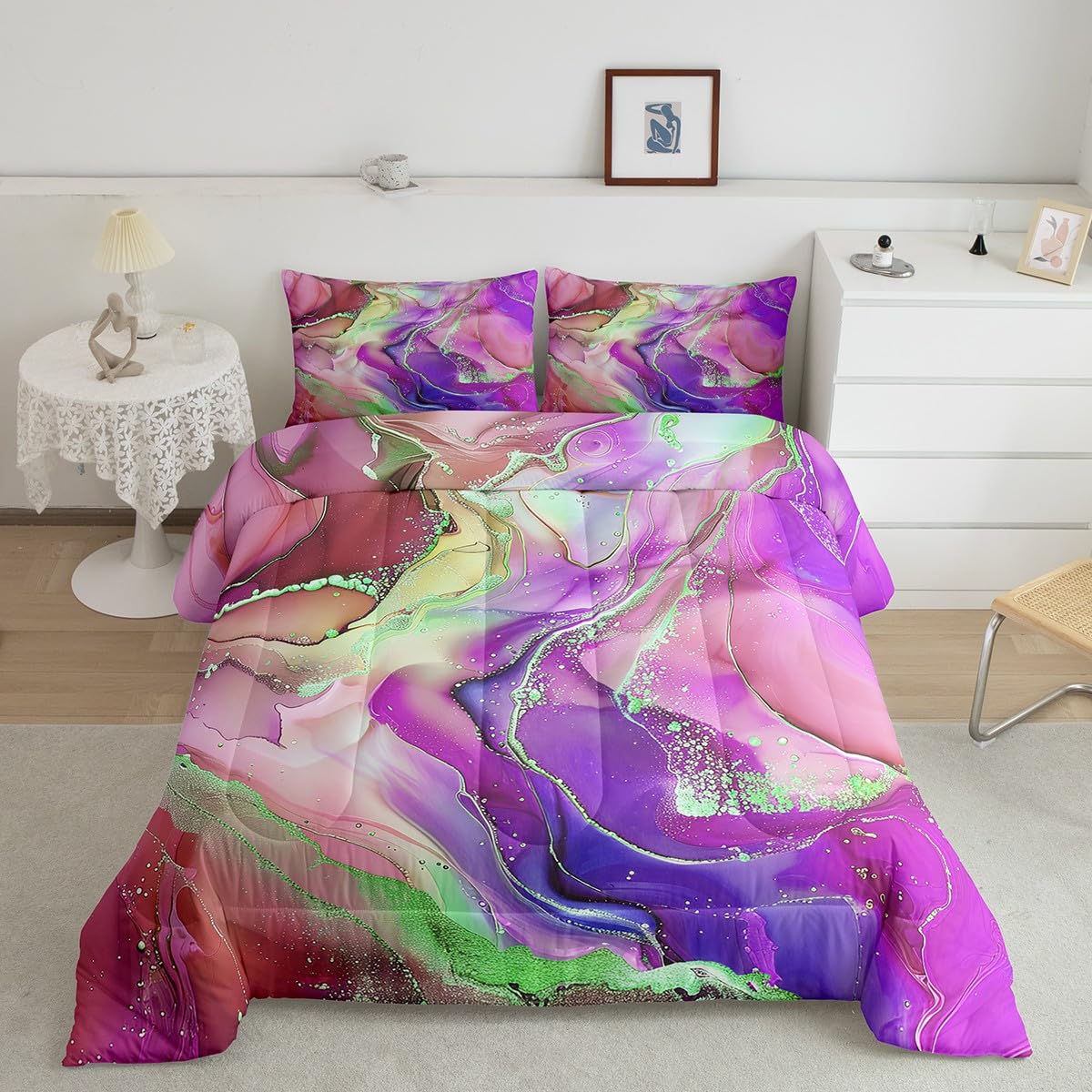 Girly Pink and Purple Bedding Full Size 7pcs Aesthetic Marble Comforter Set for Girls Women, Foil Print Bedding Comforter Sets Mountain Fluid Bed in a Bag, Rainbow Tie Dye Bedding Accessories