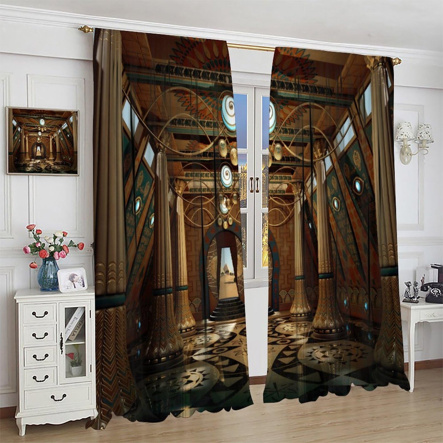Brown Retro Architectural Curtains,Retro Style Darkening Window Treatments for Bedroom Living Room Home Décor Drapes 2 Panel Sets Total Size 42" x 45"