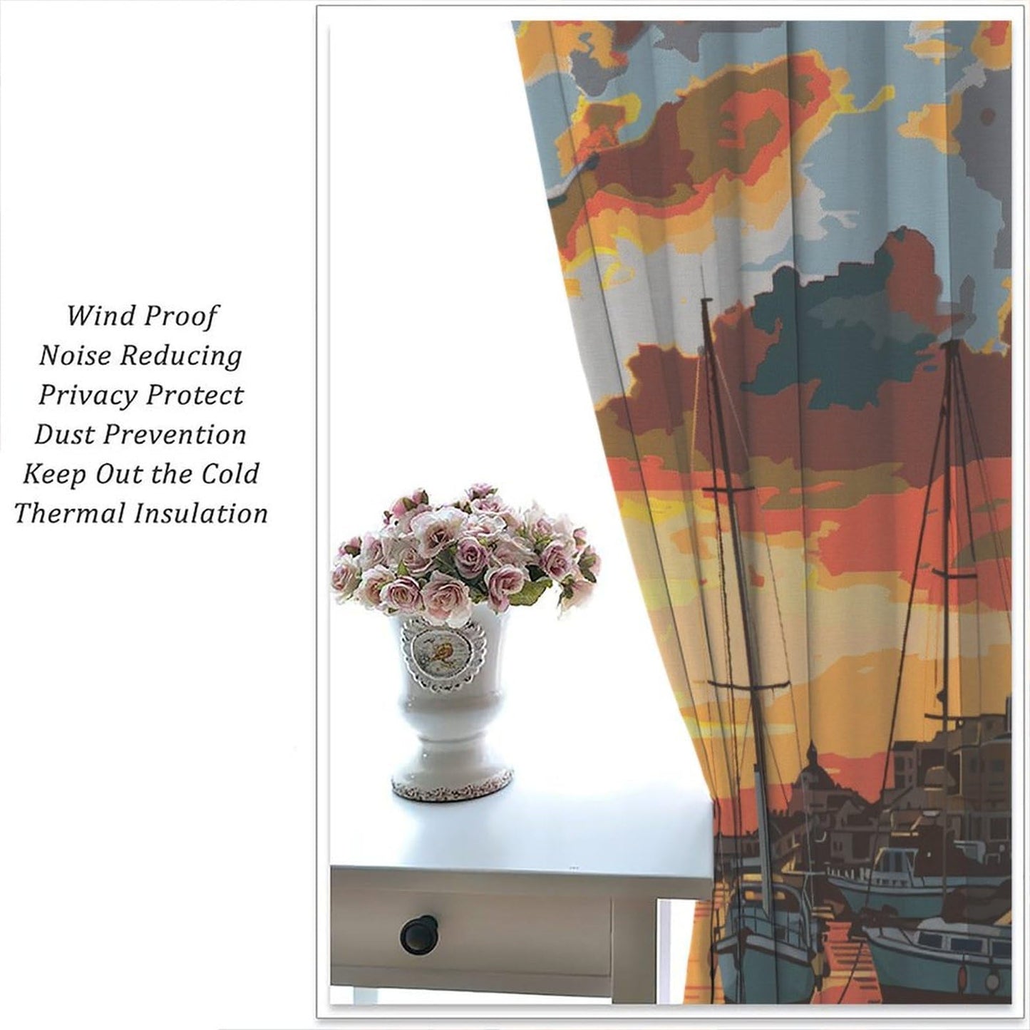 TOWINSFB Anime Ocean Sunset Sky Blackout Curtains, Nautical Sailboat Coastal Scenery Home Decor Rod Pocket Window Drapes for Living Room Bedroom - 42" W x 63" L