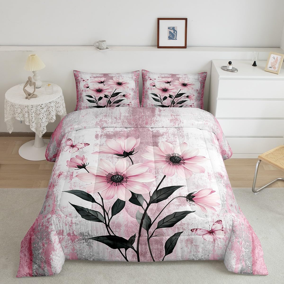 Erosebridal Watercolor Daisy Flowers Queen Comforter Set Abstract Oil Painting Bedding Set Rustic Farmhouse Bed Set Ombre Pink White Quilt Set