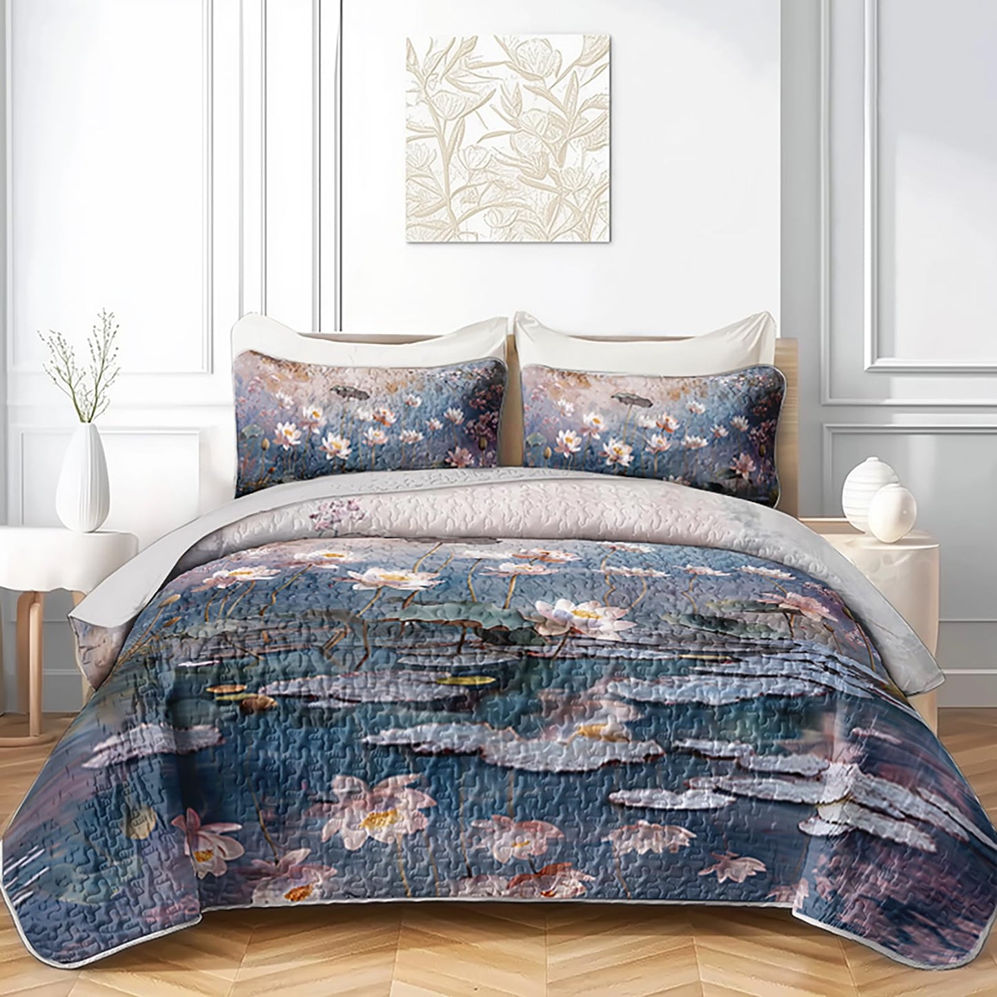 AILONEN King Quilted Comforter 3-Piece Set, Aesthetic Lotus Pond Bedspread Coverlet with 2 Pillowcases, Soft Zen Painting Bedding for Adults Luxury Suite Large Size Floral Impressionist