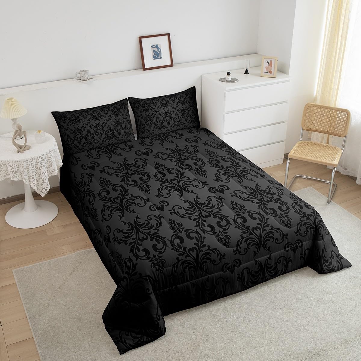 Feelyou Jacquard Bedding Set,Twin Size Floral Comforter Set for Adults and Teens,Boho Damask Duvet Set,Black & Grey Quilt Set (2Pcs)