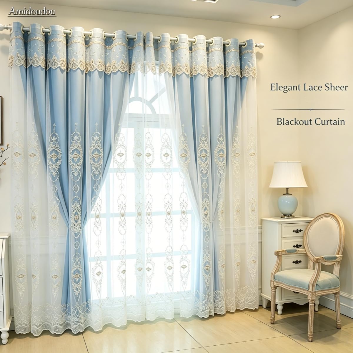 Amidoudou 1 Pair European Double Layer Curtains with Valances for Living Room Bedroom 3D Flower Embroidered Curtains (Blue,63x96 Inch)