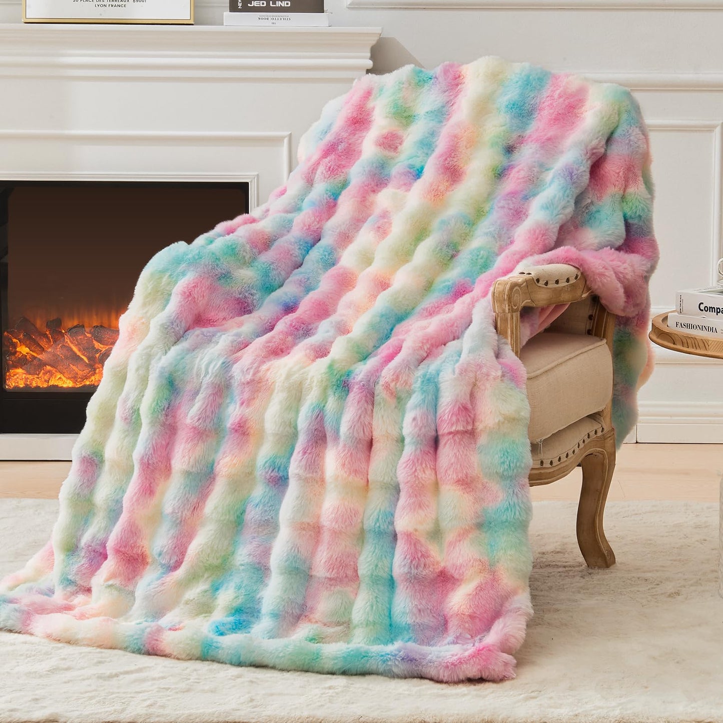 EMME Faux Fur Blanket King Size Rainbow - Big Bubble Rabbit Cozy Blanket for Couch, Thick Furry Plush Shaggy Blankets, 650GSM, 108x90 Inches