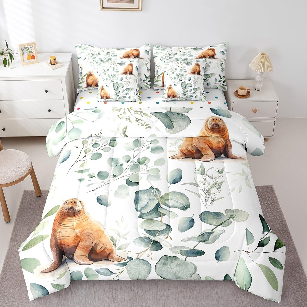 Erosebridal 7-Piece Cartoon Seal Bedding King Size Ocean Wildlife Comforter Set, Spring Plant Bedding Comforter Sets Eucalyptus Leaf Bed in a Bag, Sea Animal Theme Bedding Accessories Kids Room Decor