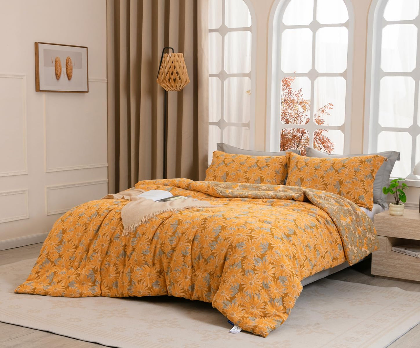SLEEPBELLA Washed Double Layer Muslin 100% Cotton Comforter Set Queen Size, Yellow & Blue Sunflower Pattern Fluffy Thick Checked Bedding Set, Soft Breathable (1 Comforter, 2 Pillow Shams)