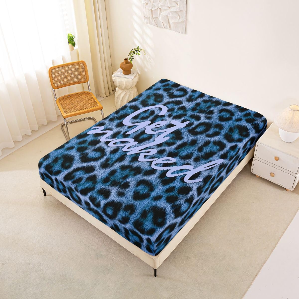 Feelyou Leopard Print Get Naked Fitted Sheet Full Size for Kids Boys Girls Funny Quotes Bed Sheets Set 16" Deep Pocket Soft Microfiber Blue Black Bedding with 2 Pillowcases Cheetah Room Decor