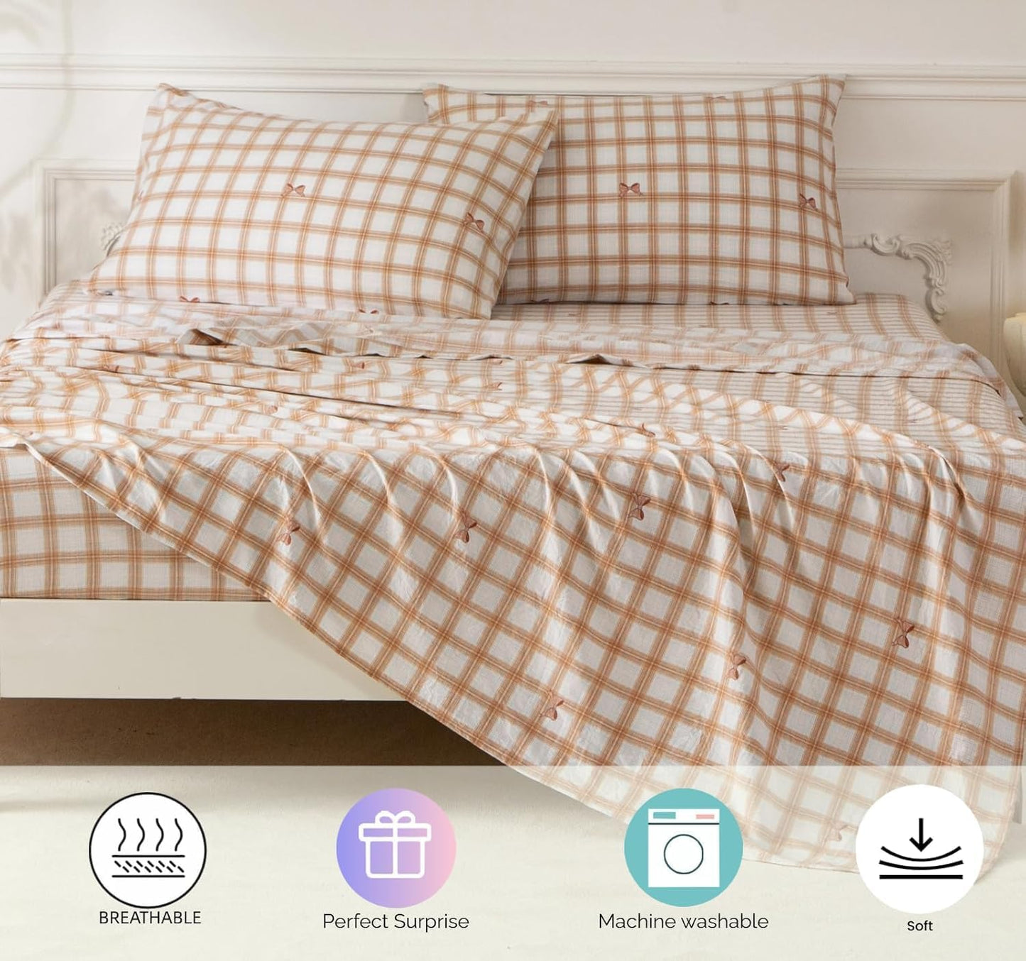 SDY Bowknot Checkered Twin Size Comforter Set, Luxury Soft Bed in a Bag Twin 5 Pieces, All Season Bedding Set with Comforters, Sheets, Pillowcase & Sham