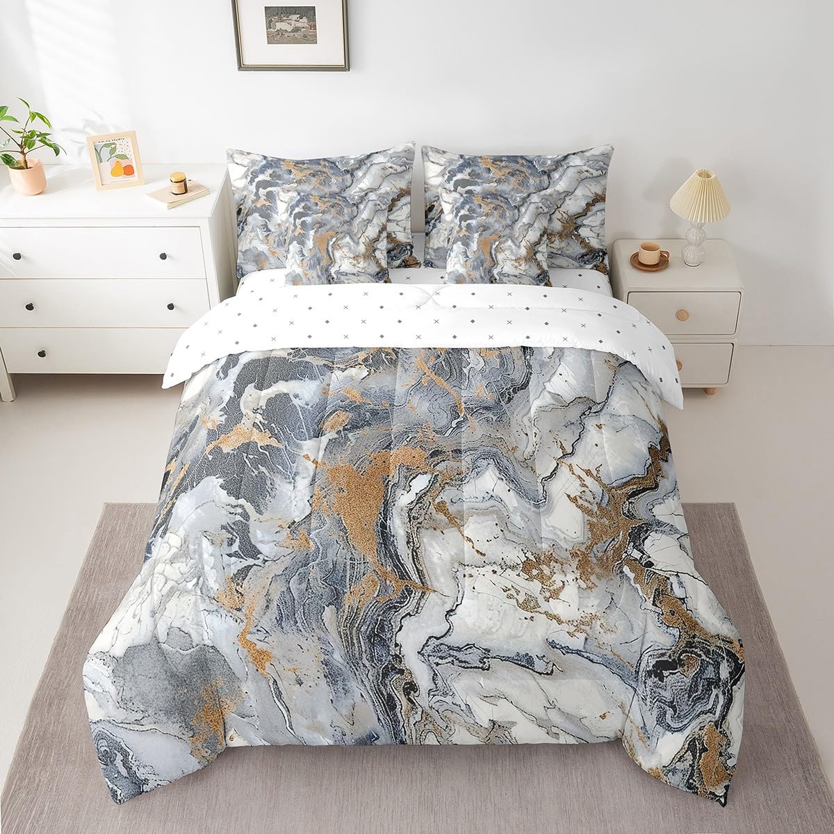 Erosebridal Marble 7 Pcs Comforter Set Queen Size Ink Fluid Bedding Modern Marbling Art Bed in A Bag for Men Women Luxury Stone Liquid Blue Gold Grey Abstract Bed Set