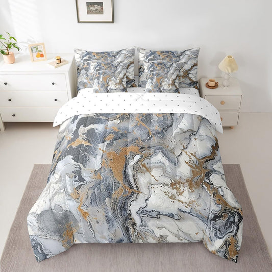 Erosebridal Marble 7 Pcs Comforter Set Queen Size Ink Fluid Bedding Modern Marbling Art Bed in A Bag for Men Women Luxury Stone Liquid Blue Gold Grey Abstract Bed Set
