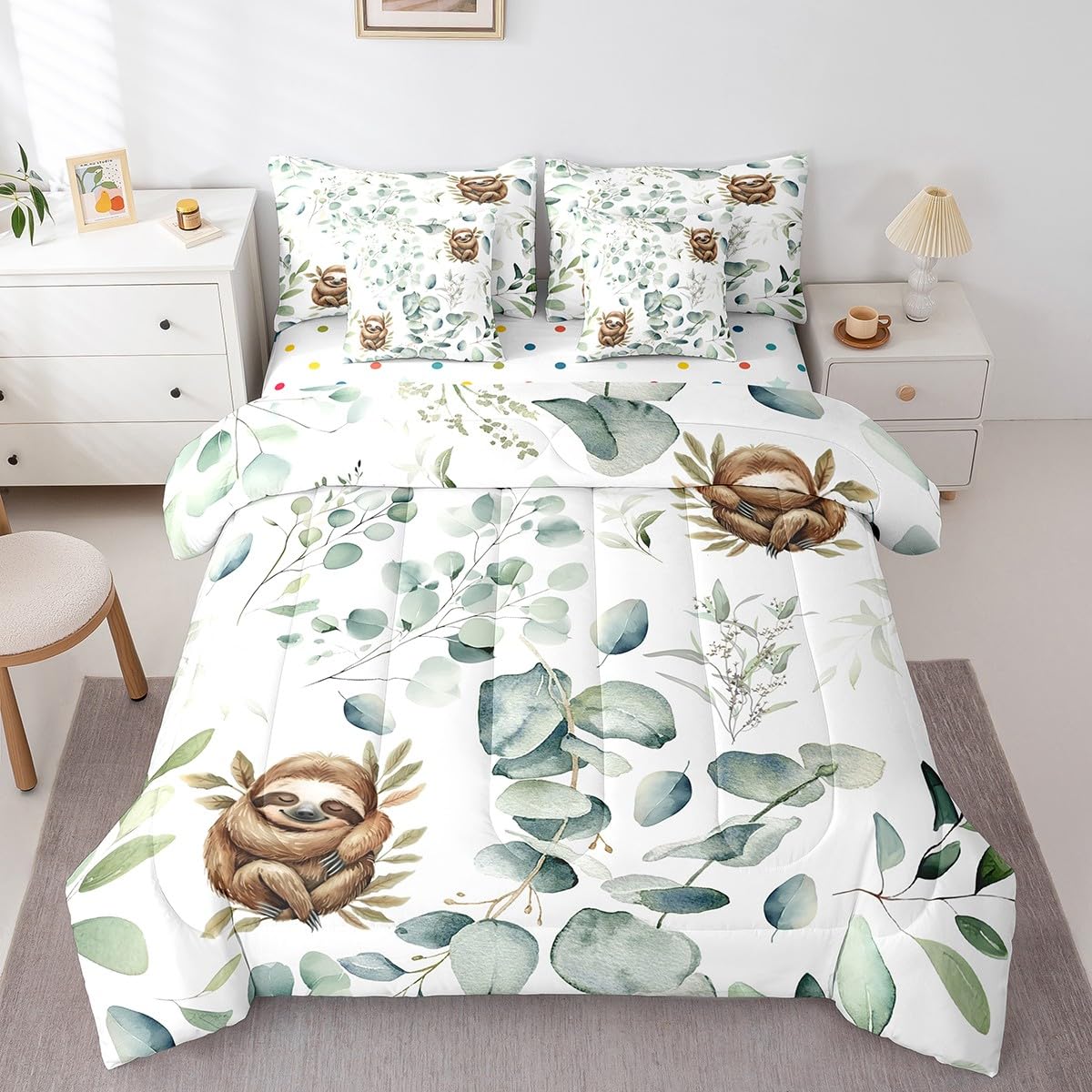 Erosebridal Girls Kawaii Animal Bedding Comforter Sets 7pcs Cute Sloth Bed in a Bag, Cartoon Wildlife King Bedding Sets Green Leaf Comforter Set, Spring Garden Plant Bedding Sets Kids Bedroom Decor