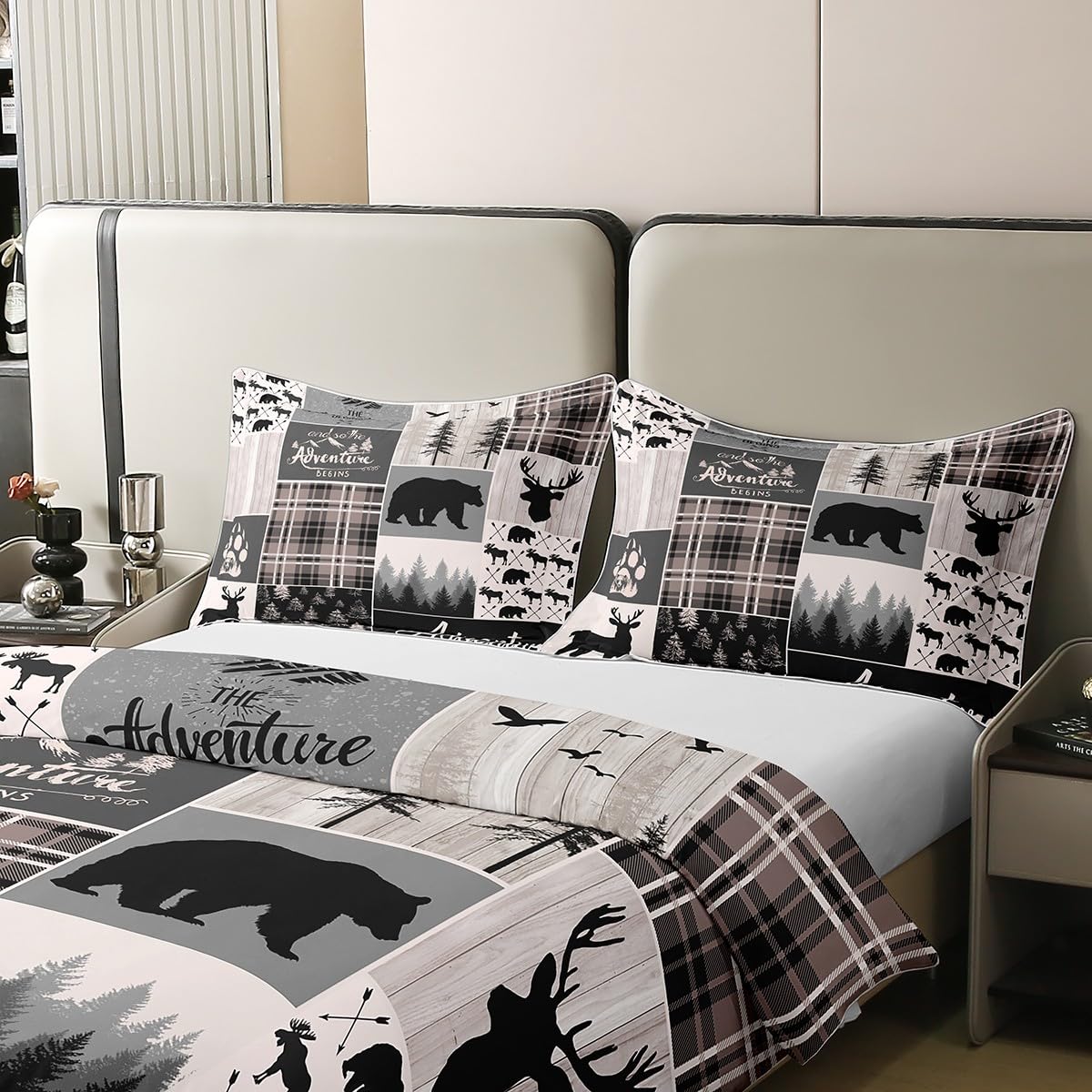 Erosebridal Hunting Bear Deer 100% Cotton Duvet Cover Queen Size for Kids Buffalo Patchwork Comforter Cover Rustic Farmhouse Claw Bedding Set for Boys Teens Men Bedroom Adventure Camping Bedclothes