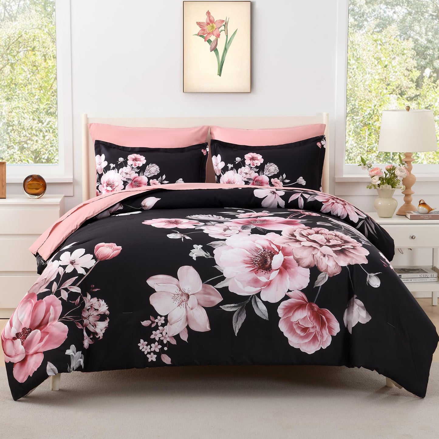 Floral Comforters Queen Size 7 Pieces Botanical Black and Pink Comforter Set Ulter Soft Microfiber Bedding Set, Lightweight Bed Comforter Set with Sheets for All Season (Black, Queen)