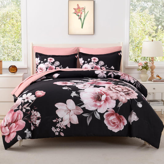 Floral Comforters Queen Size 7 Pieces Botanical Black and Pink Comforter Set Ulter Soft Microfiber Bedding Set, Lightweight Bed Comforter Set with Sheets for All Season (Black, Queen)