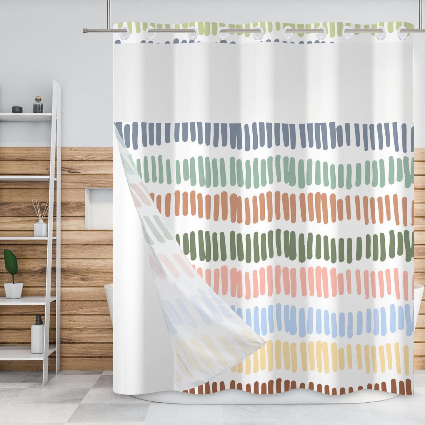 Baocicco No Hook Multicolour Stripe Shower Curtains with Snap-in Fabric Liner Set for Bathroom Rainbow Striped Hotel Shower Curtain and Liner Set See Through Shower Curtain with Window 71x74 Inch