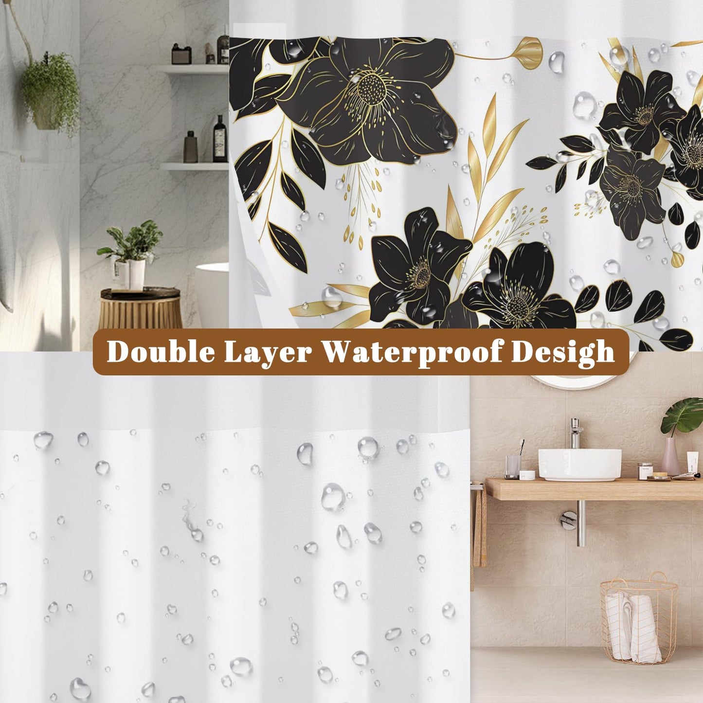 Xiazhilaio No Hook Black & Gold Floral Shower Curtain with Snap in Liner - 71″W x 74″L Waterproof Fabric with Mesh Top Window, Dark Flower Printed Bath Tub Curtain for Modern Luxury Bathroom Decor